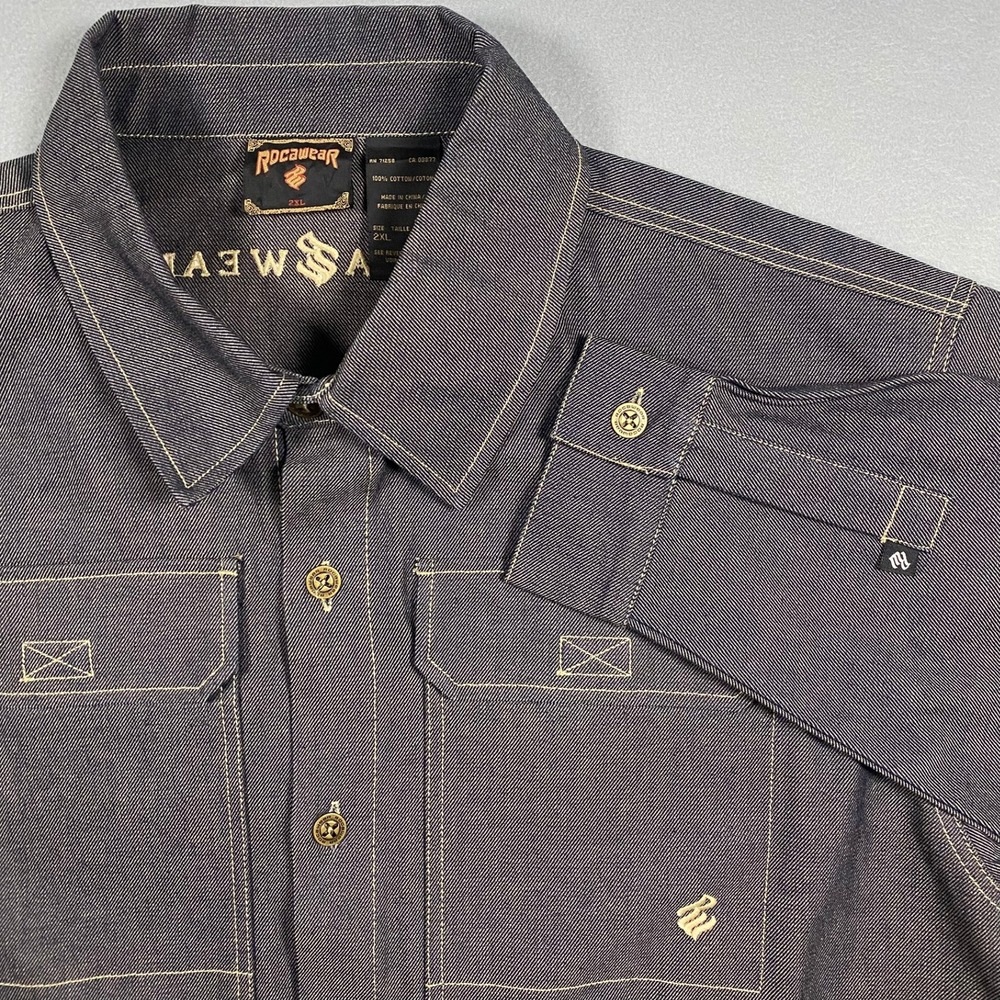 Rocawear Mens 2XL Denim Jacket Dark Wash Embroidered Logo Heavy Cotton